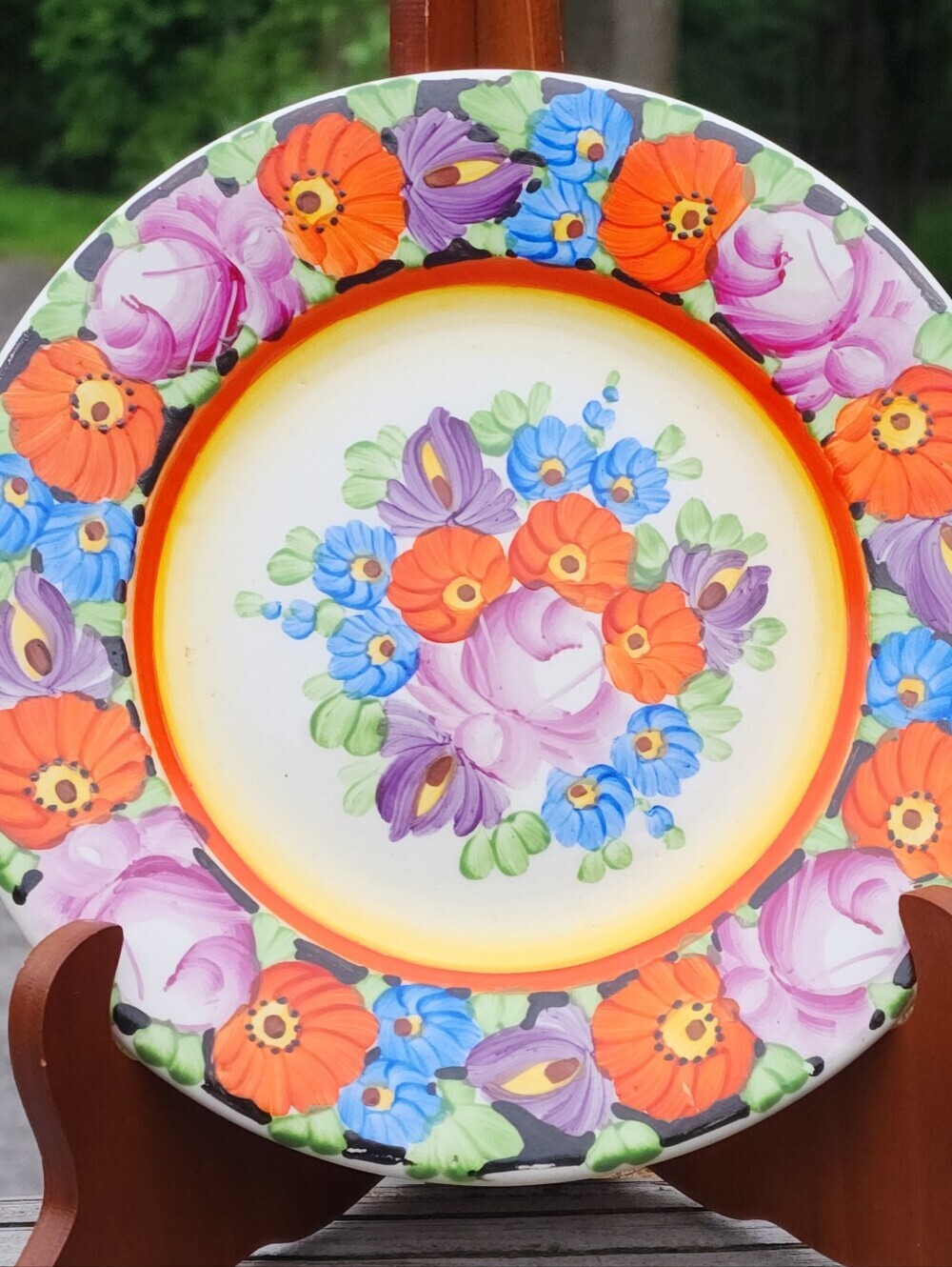 Czech Pottery Plate Hand Painted Floral Design Backstamped Vintage 7.5" Vibrant